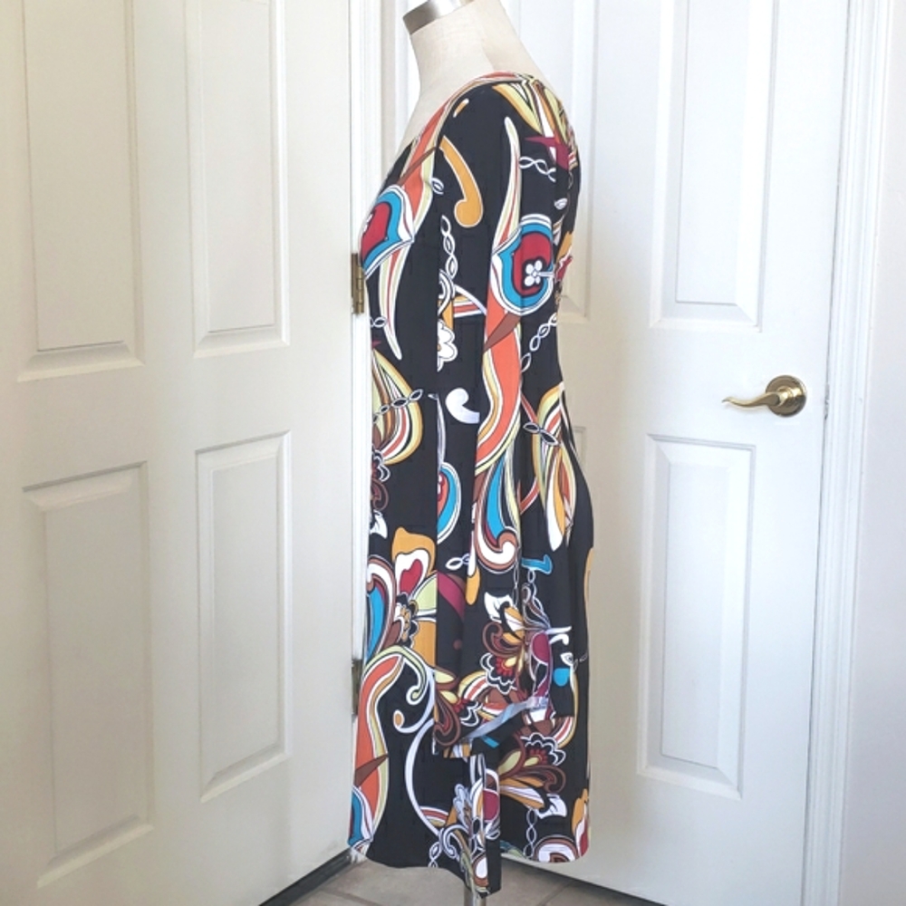 💐Vintage 90s Psychedelic One Shoulder Bell Sleeve Dress Black Multicolor MEDIUM - Picture 3 of 12